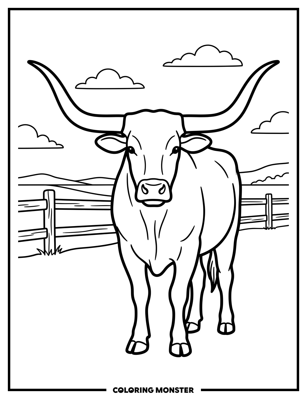 Texas Longhorn Bull In Pasture Coloring Page