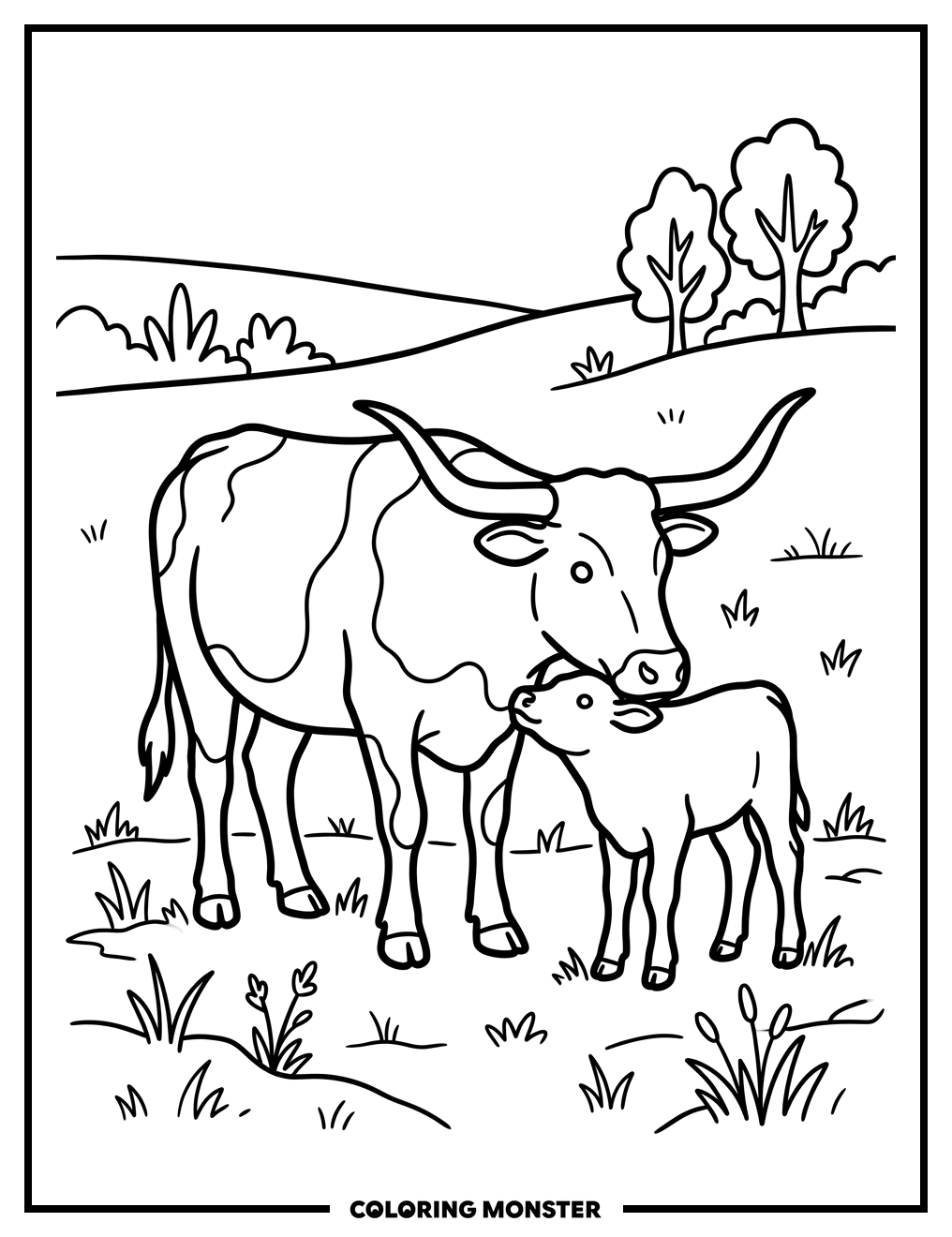 Texas Longhorn Cow and Calf Coloring Page
