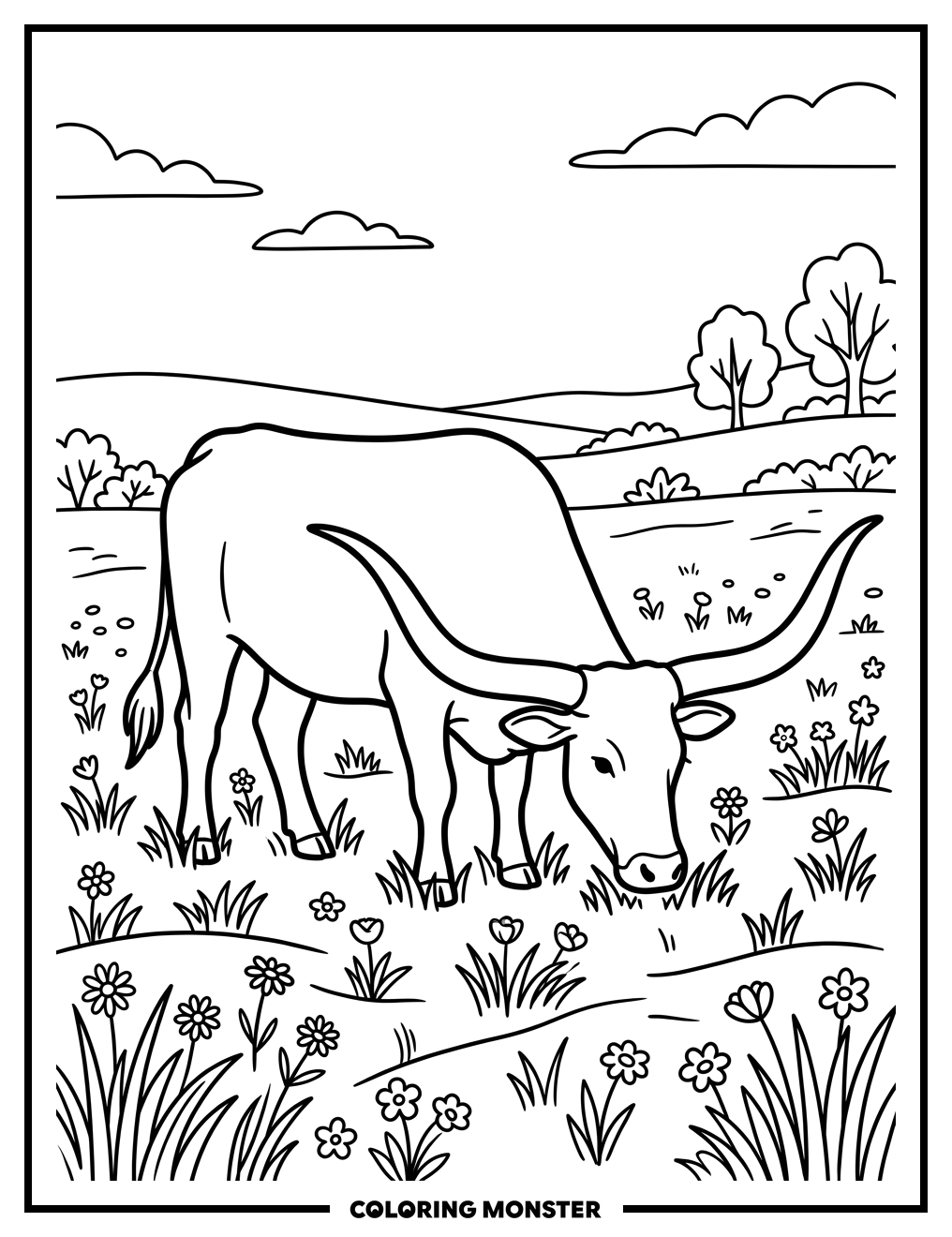 Texas Longhorn Cow Grazing Coloring Page
