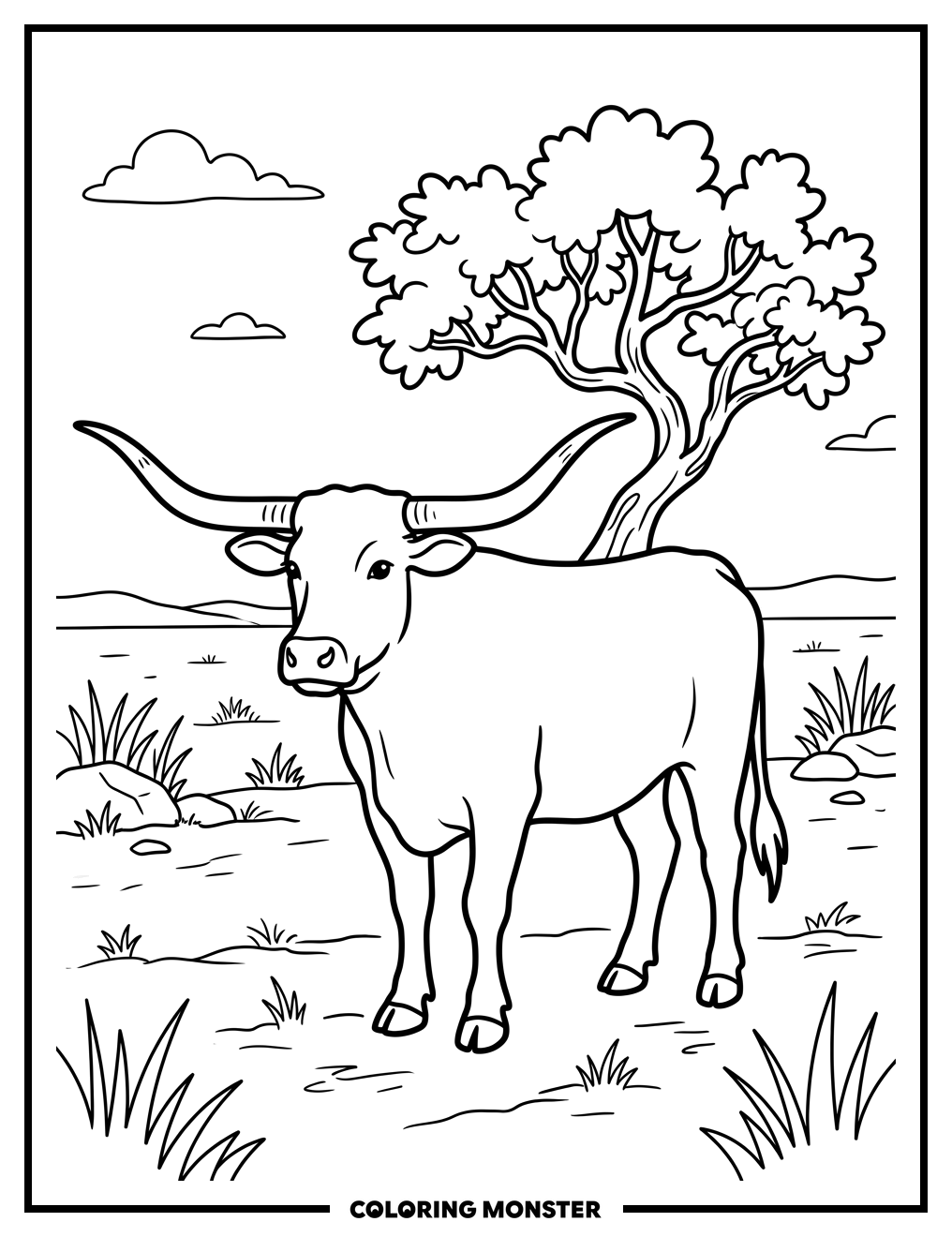 Texas Longhorn Cow in Field Coloring Page