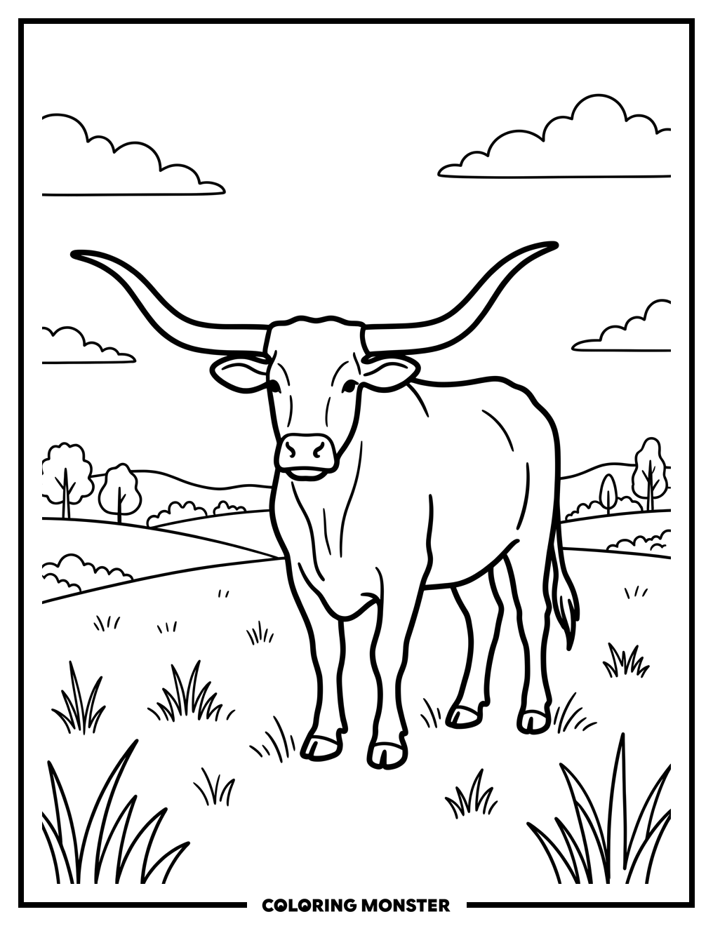 Texas Longhorn Cow in Grassy Field Coloring Page