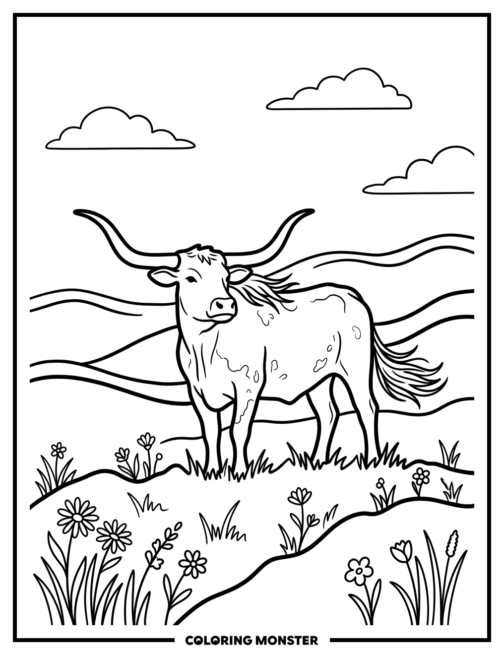 Texas Longhorn Cow In Meadow Coloring Page