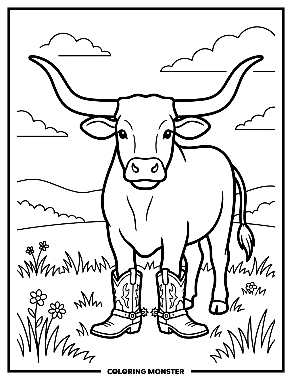 Texas Longhorn Cowboy Cow Coloring Page