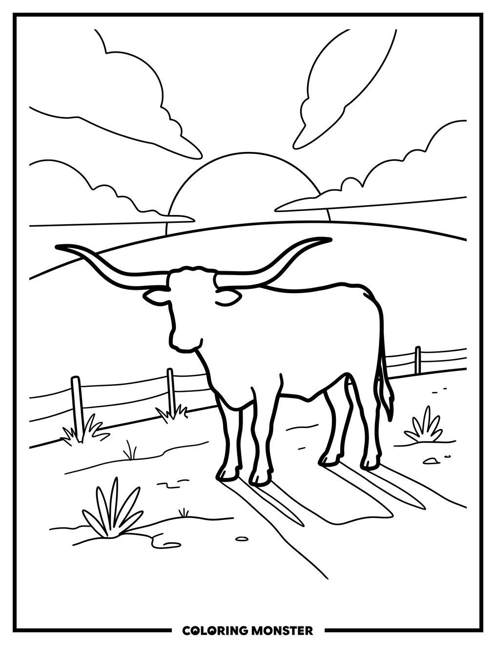 Texas Longhorn Silhouette At Sunset Coloring Page