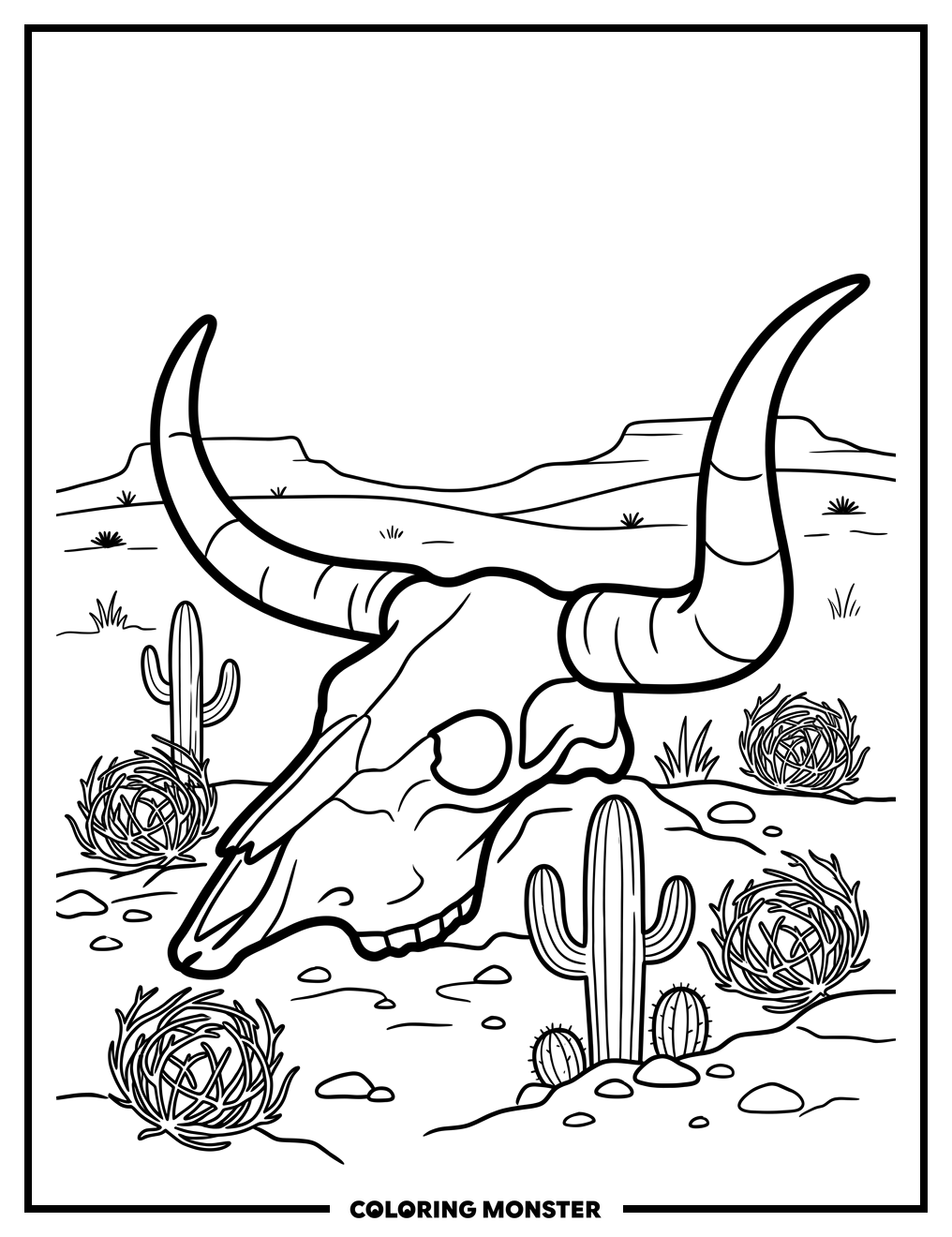 Texas Longhorn Skull In Desert Coloring Page