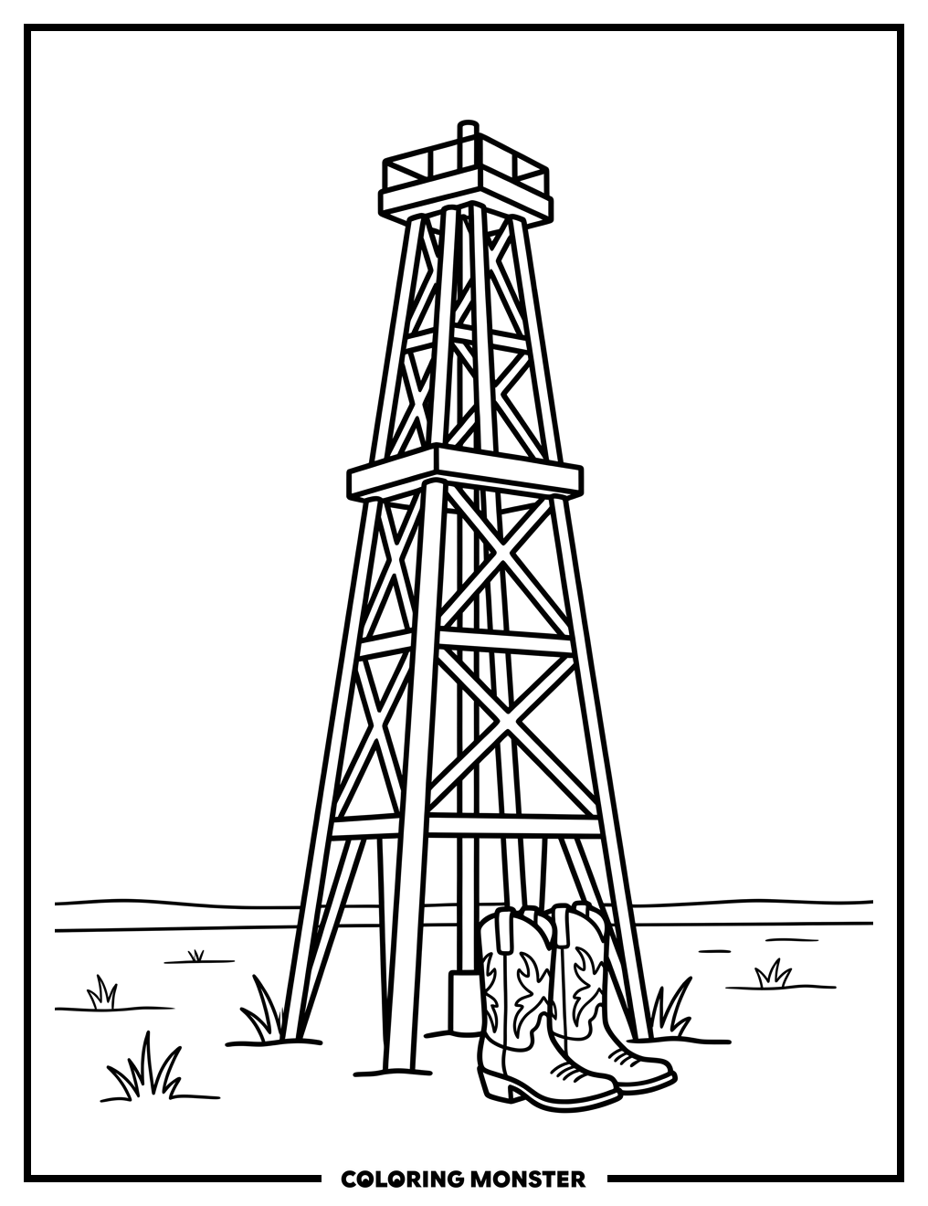 Texas Oil Derrick with Cowboy Boots Coloring Page