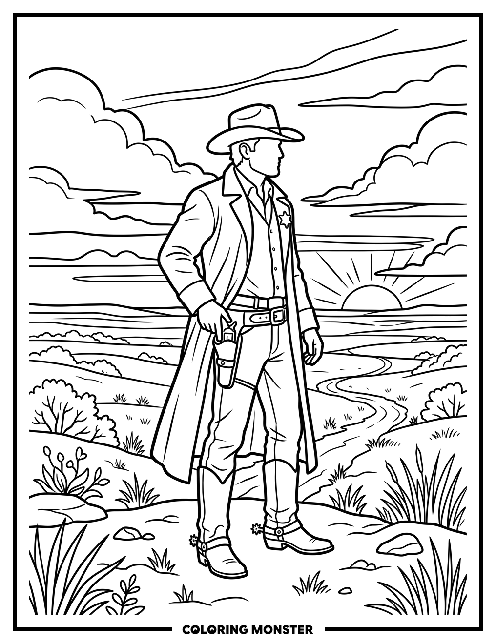 Texas Ranger on Prairie at Sunset Coloring Page