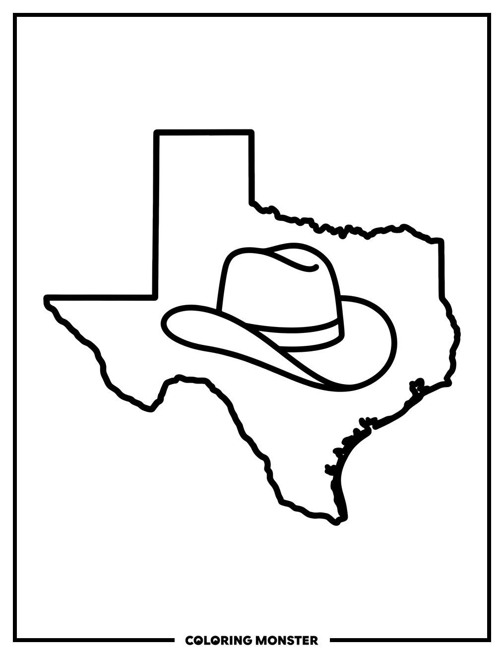 Texas State Outline With Cowboy Hat Coloring Page