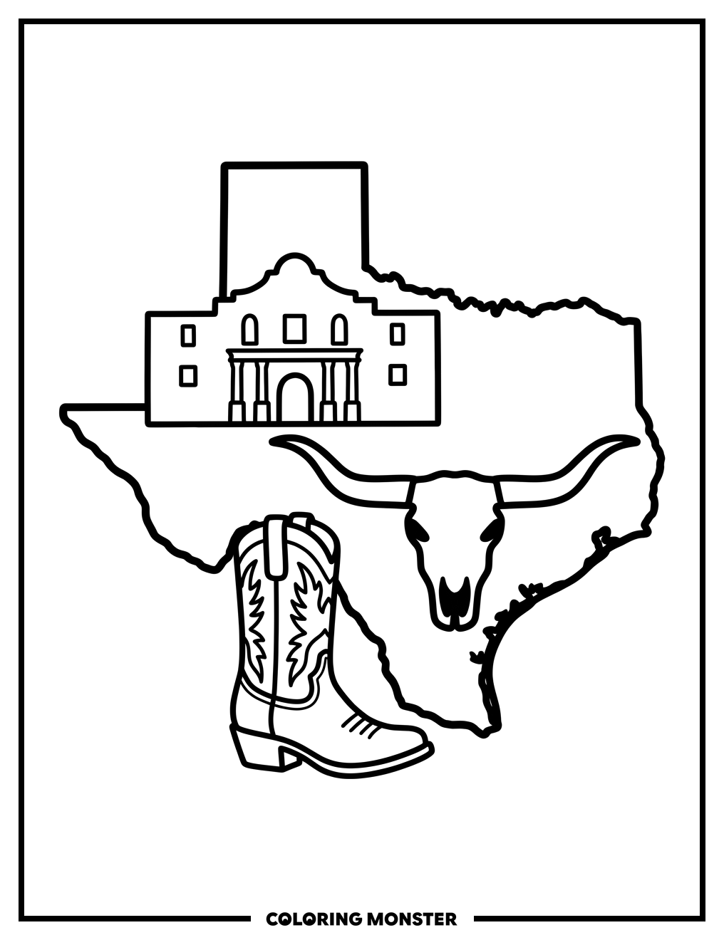 Texas State Outline With Landmarks Coloring Page