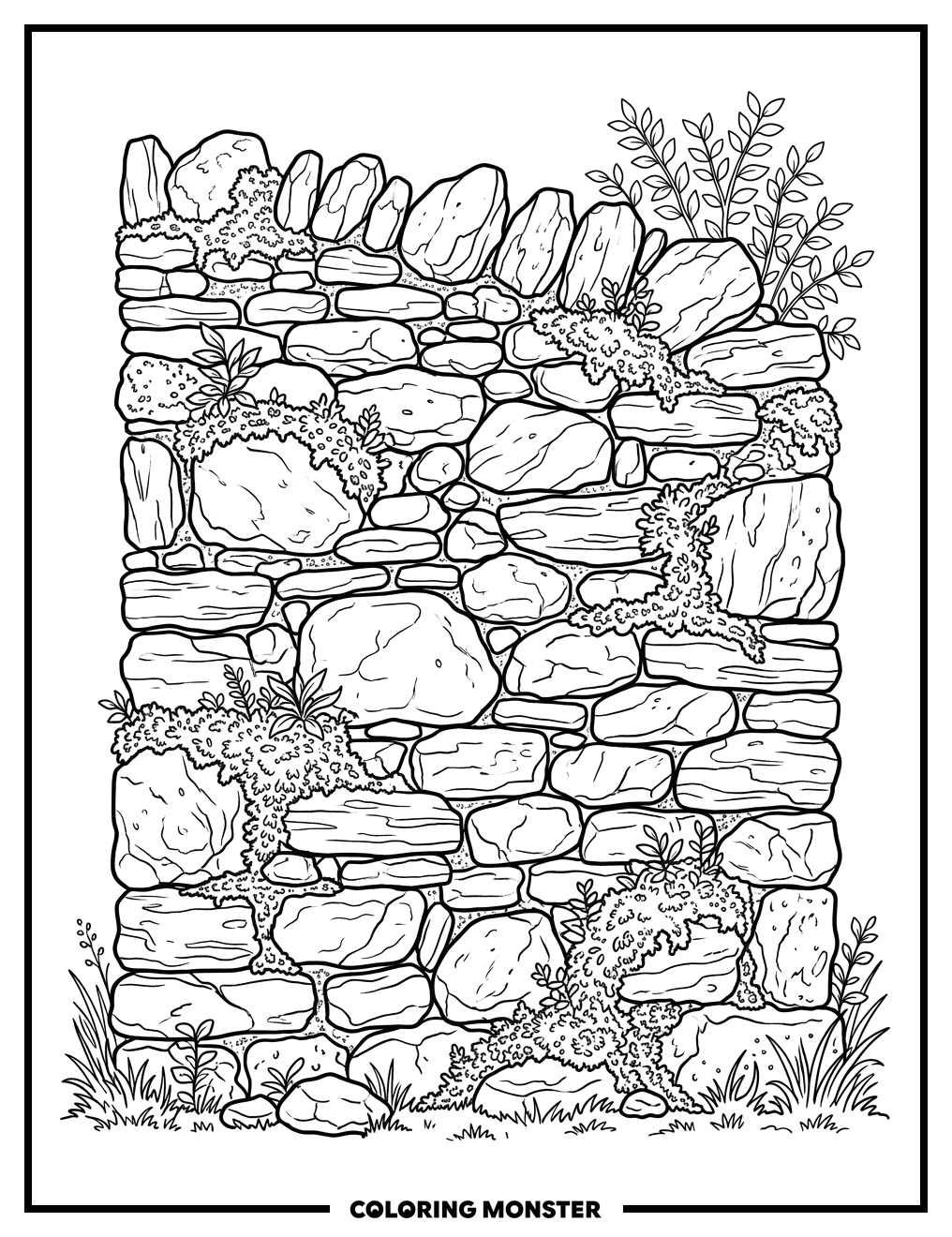 Textured Stone Wall With Moss Coloring Page
