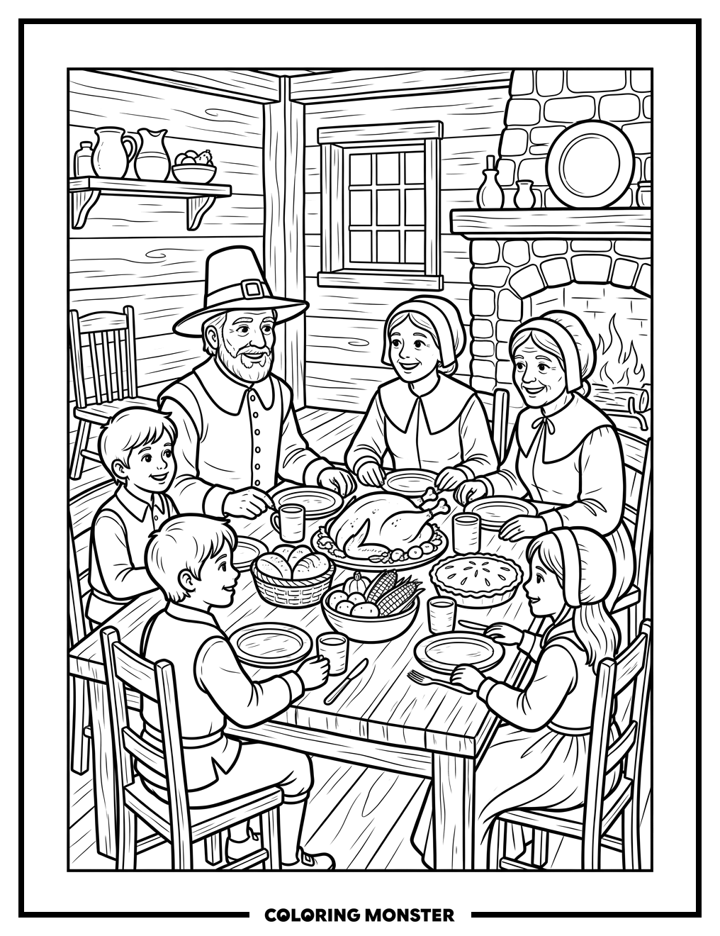 Thanksgiving Family Feast Coloring Page