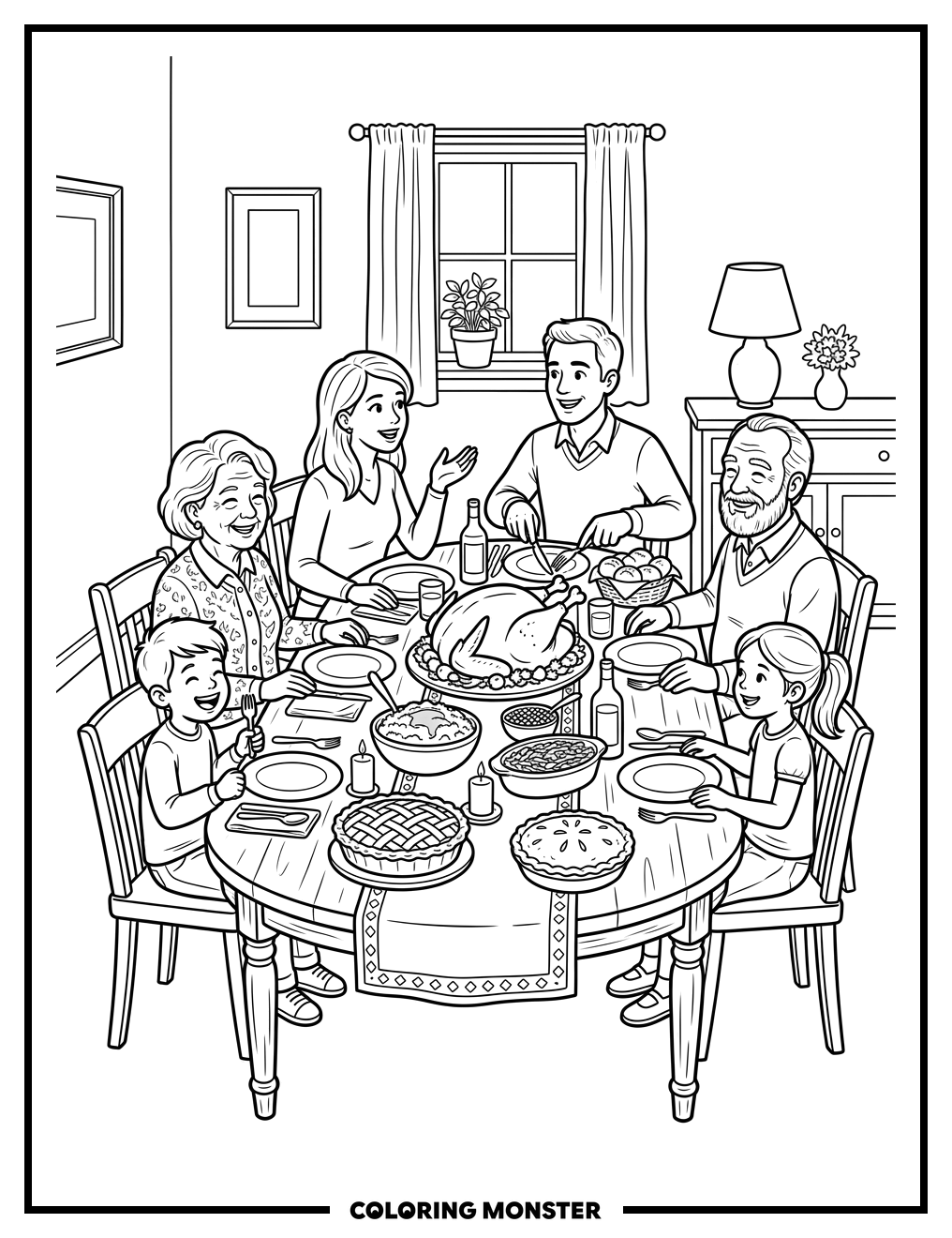 Thanksgiving Family Feast Coloring Page
