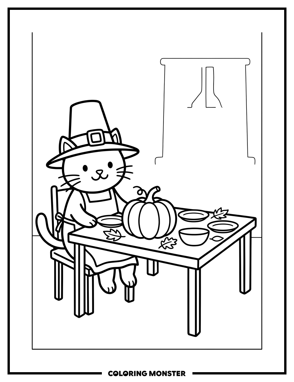 Thanksgiving Kitty at the Feast Coloring Page