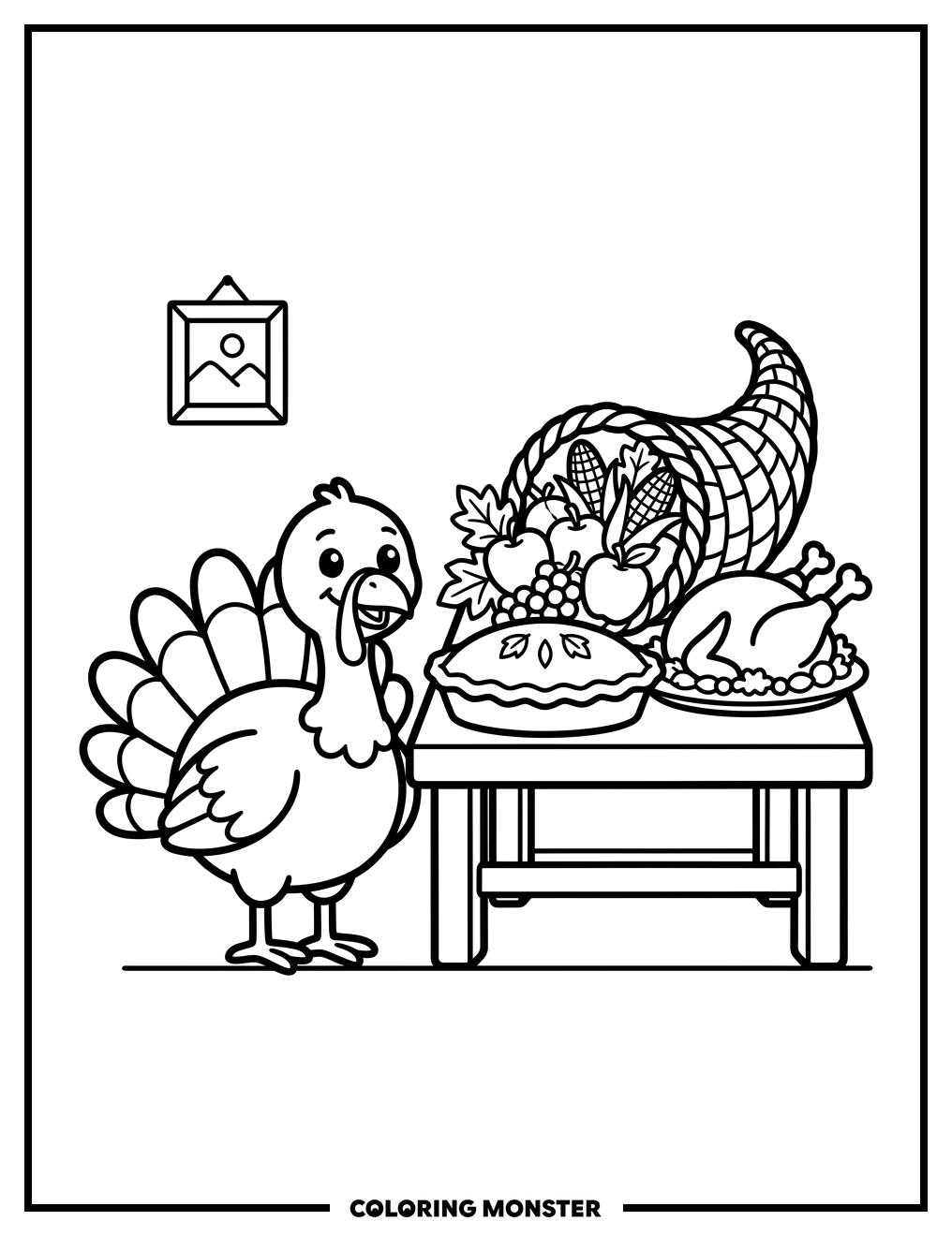 Thanksgiving Turkey and Feast Coloring Page