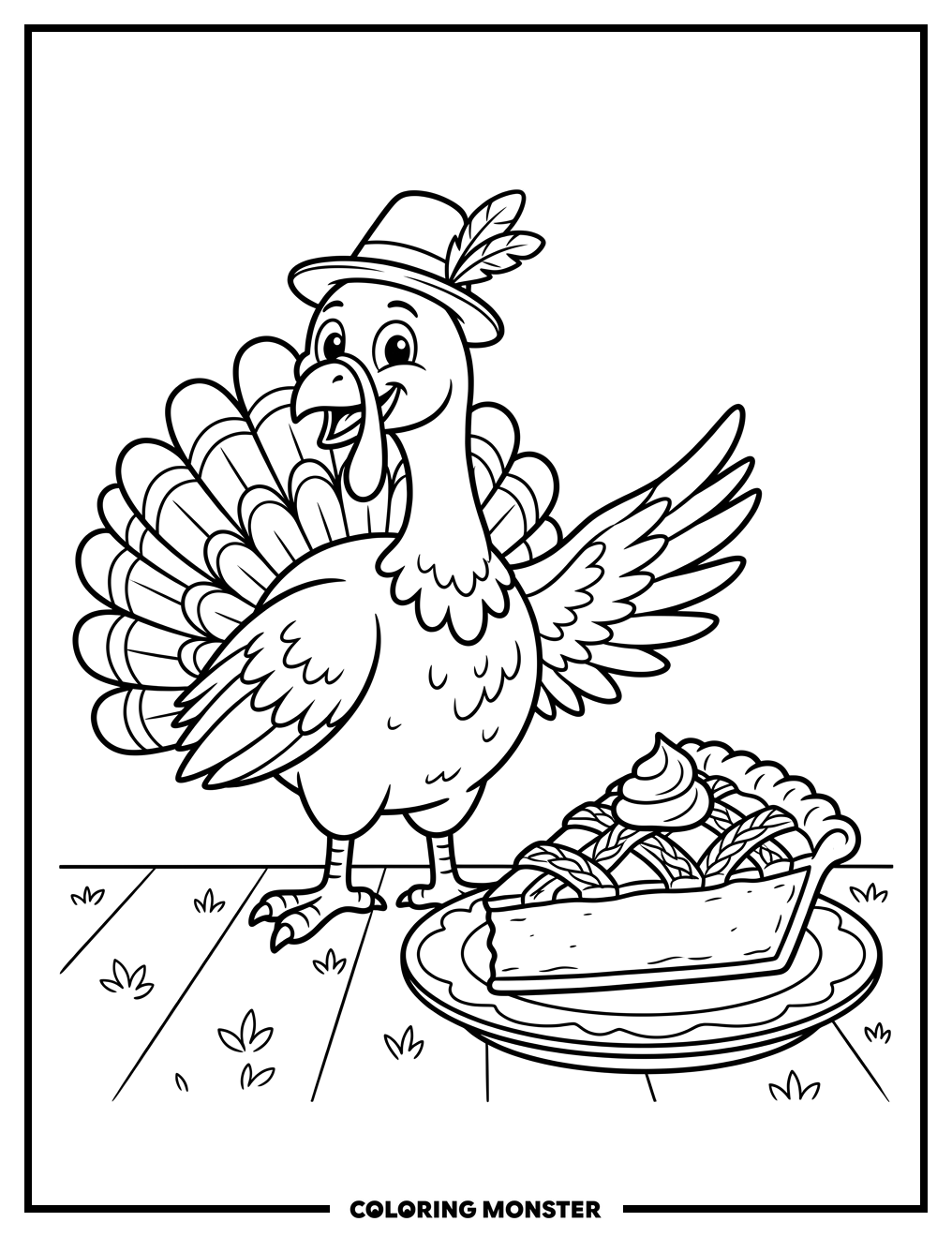 Thanksgiving Turkey and Pumpkin Pie Coloring Page