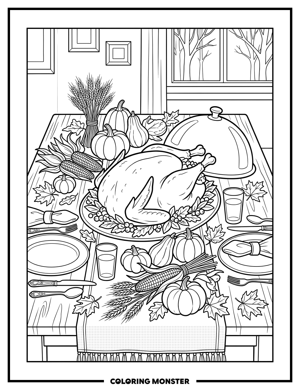 Thanksgiving Turkey Dinner Table Coloring Page