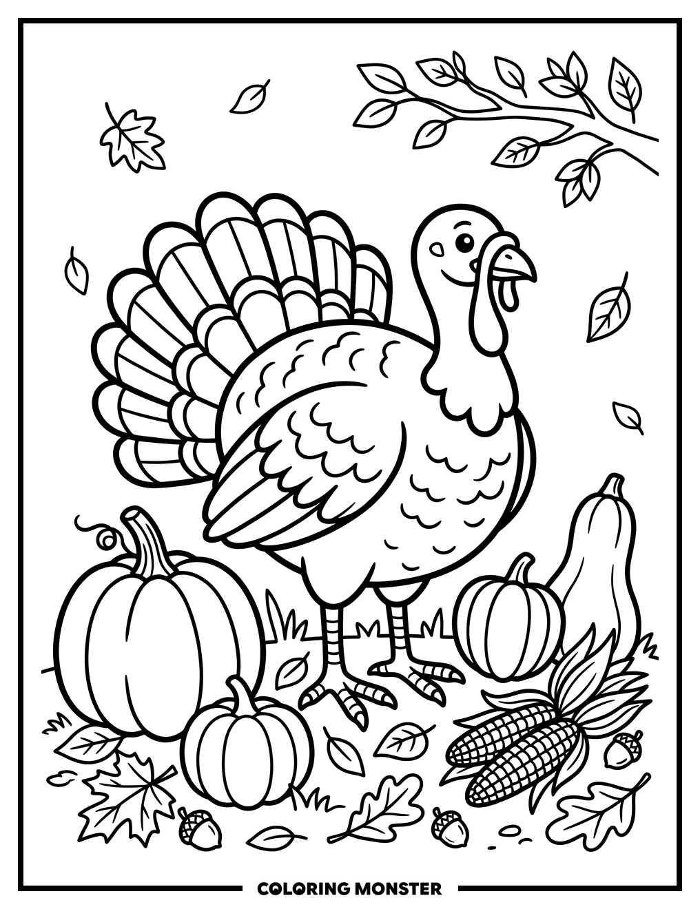 Thanksgiving Turkey With Harvest Bounty Coloring Page