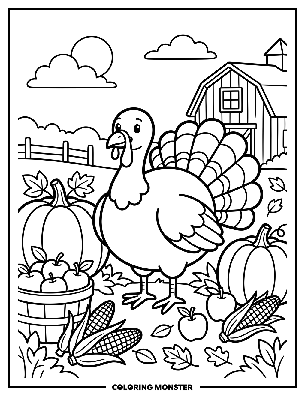 Thanksgiving Turkey with Harvest Bounty Coloring Page