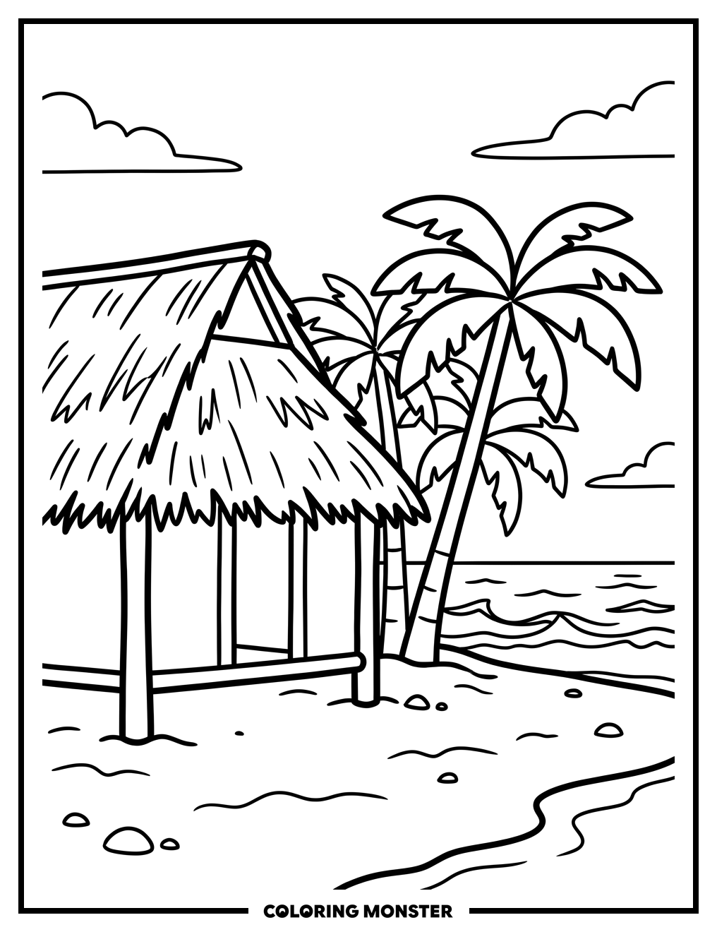 Thatched Hut on a Sandy Beach Coloring Page