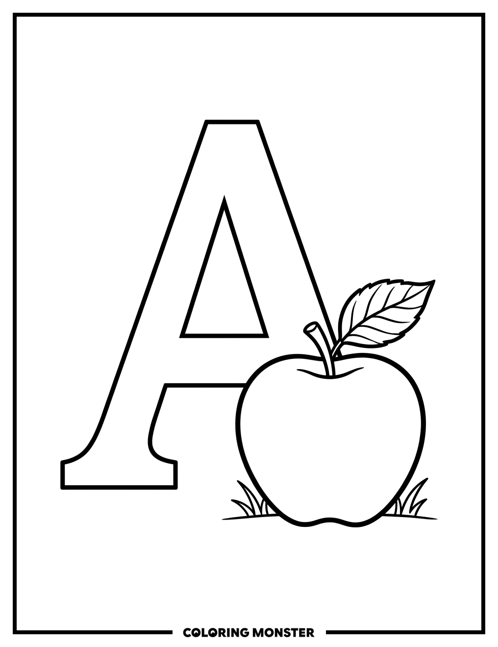 The Letter A and a Red Apple Coloring Page