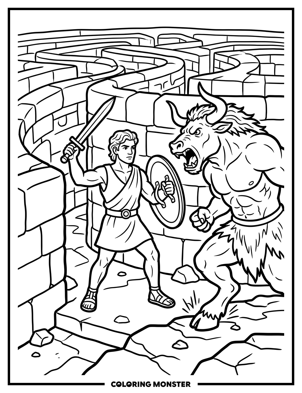 Theseus Fights the Minotaur in the Labyrinth Coloring Page