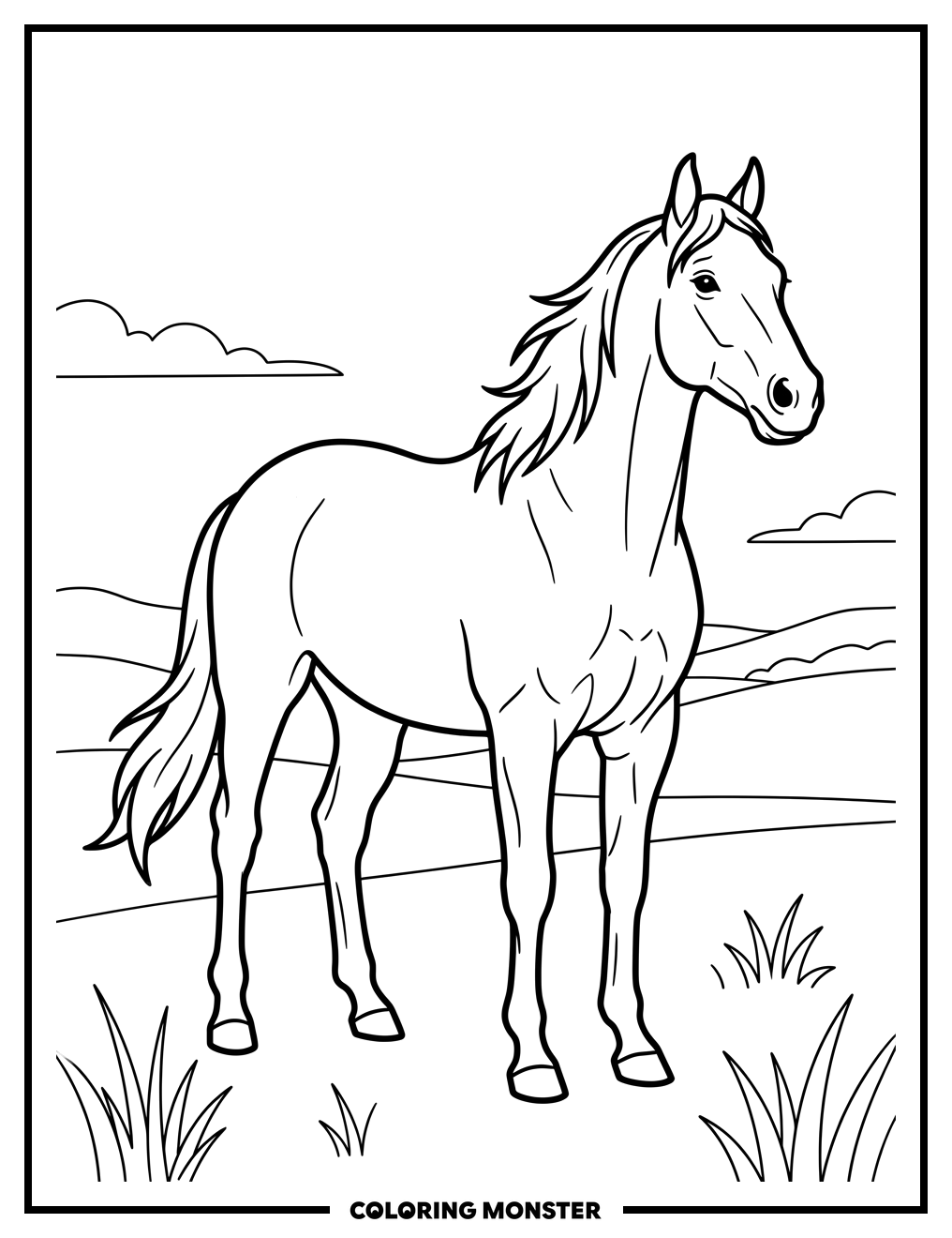 Thoroughbred Horse in Grassy Field Coloring Page