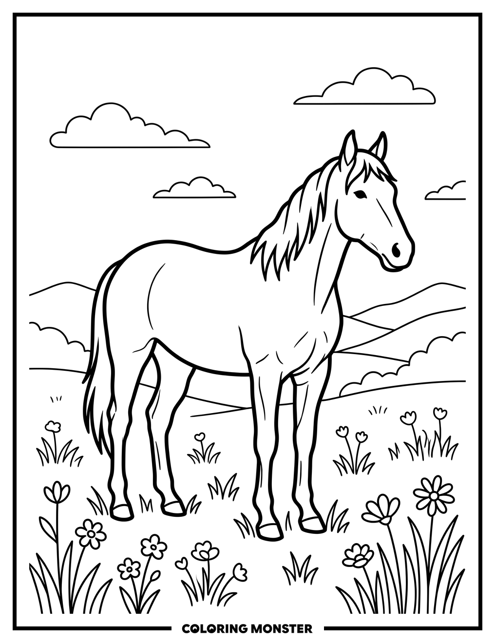 Thoroughbred Horse in Pasture Coloring Page