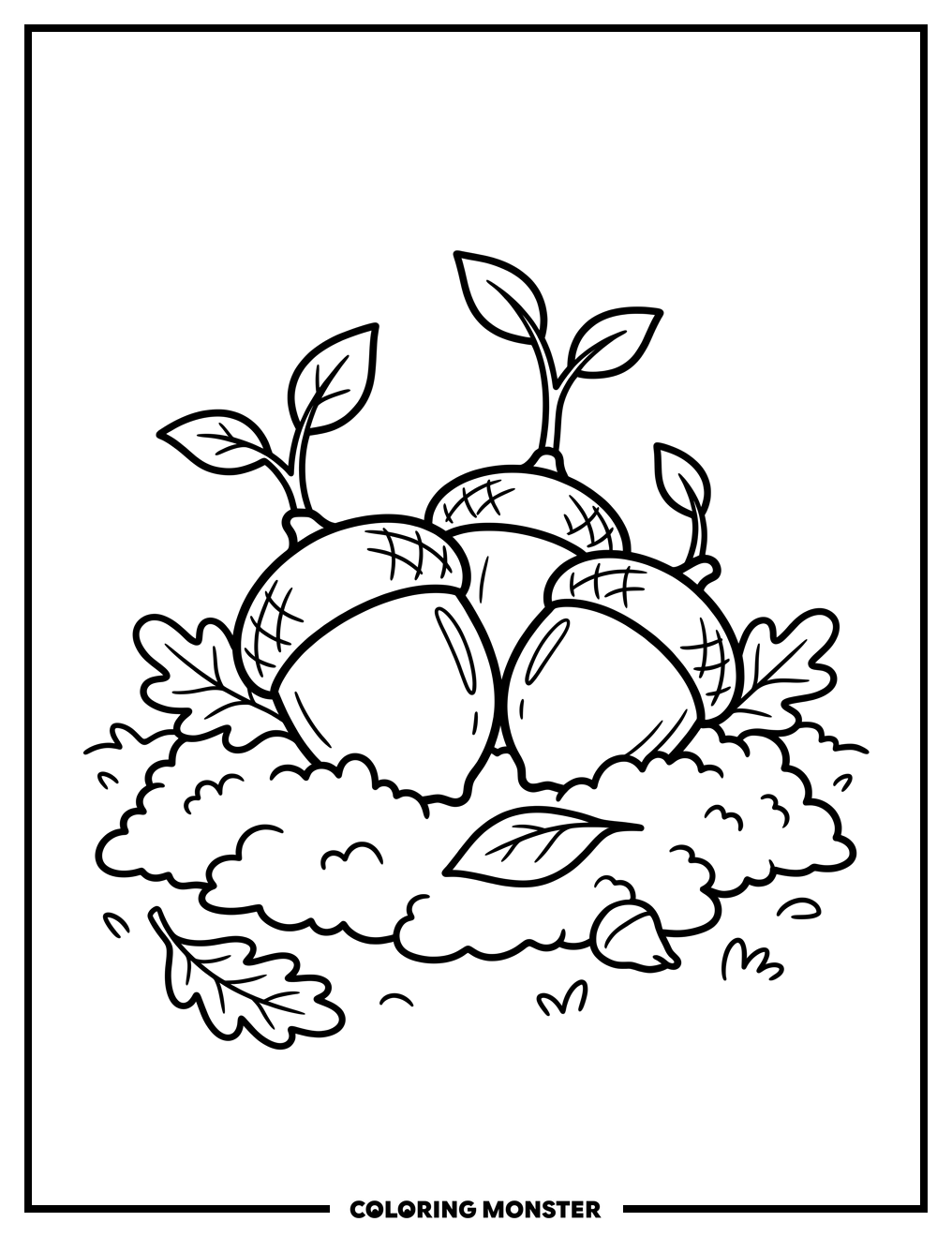Three Acorns with Sprouts Coloring Page