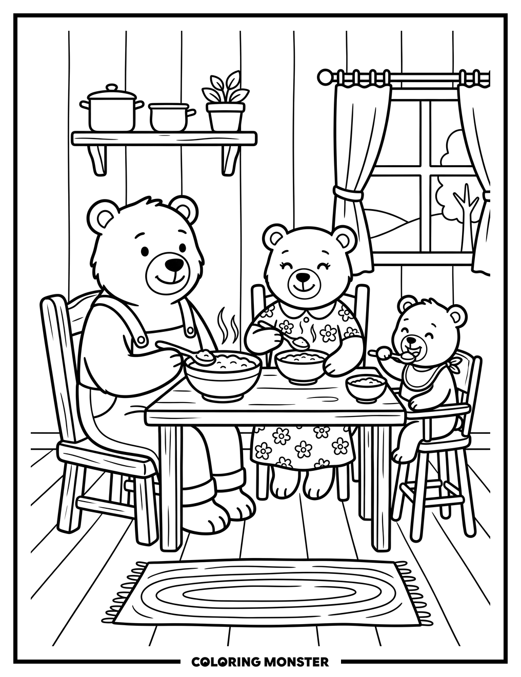 Three Bears Enjoying Porridge Coloring Page