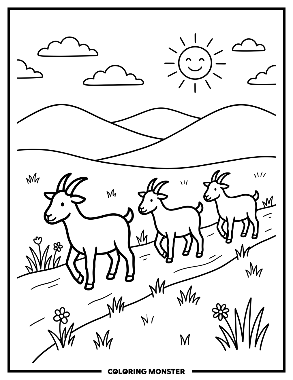 Three Billy Goats Crossing Meadow Coloring Page