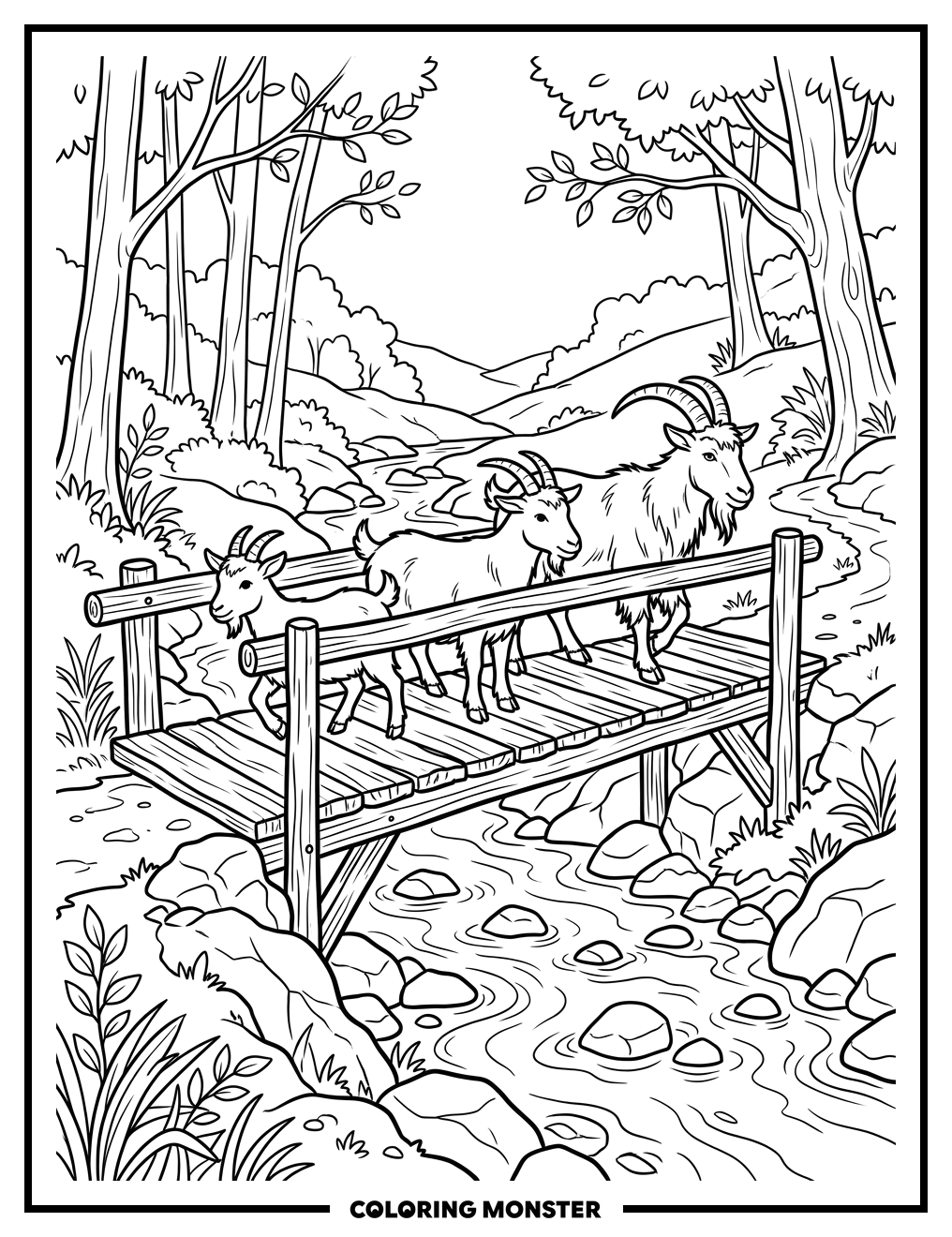 Three Billy Goats Crossing Wooden Bridge Coloring Page