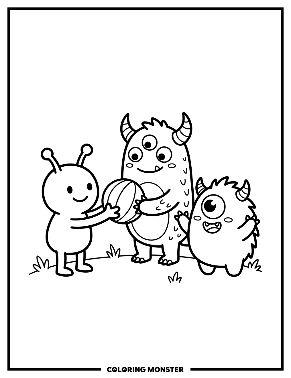 Three Cartoon Monsters Sharing a Ball Coloring Page