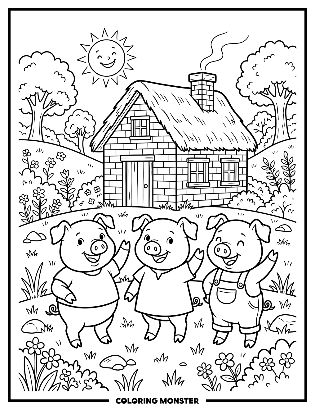 Three Cheerful Pigs and Their House Coloring Page