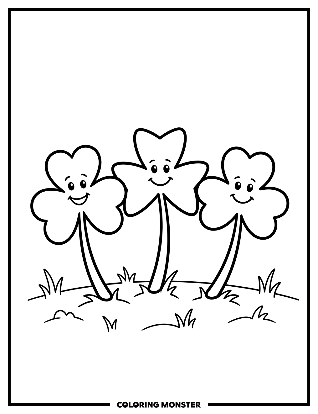 Three Cheerful Shamrock Friends Coloring Page