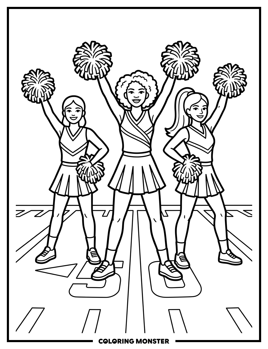 Three Cheerleaders in Formation Coloring Page