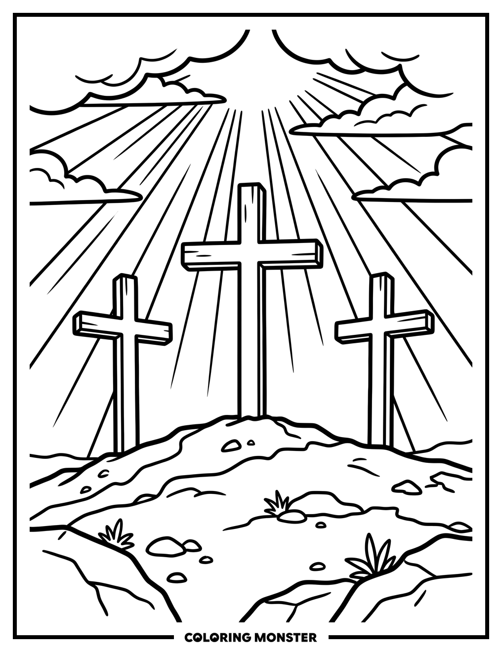 Three Crosses on a Hill Coloring Page