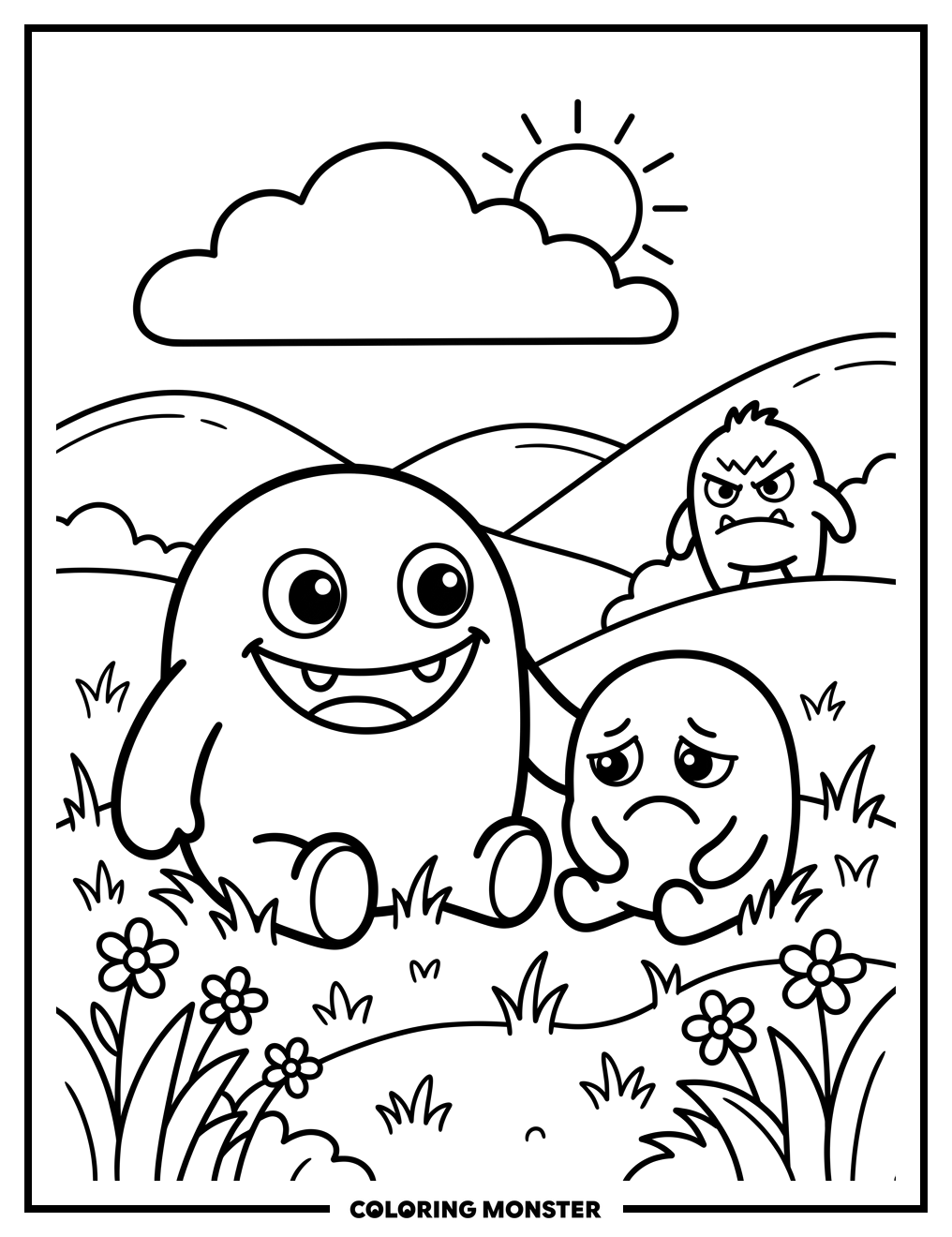 Three Friendly Monsters in a Meadow Coloring Page