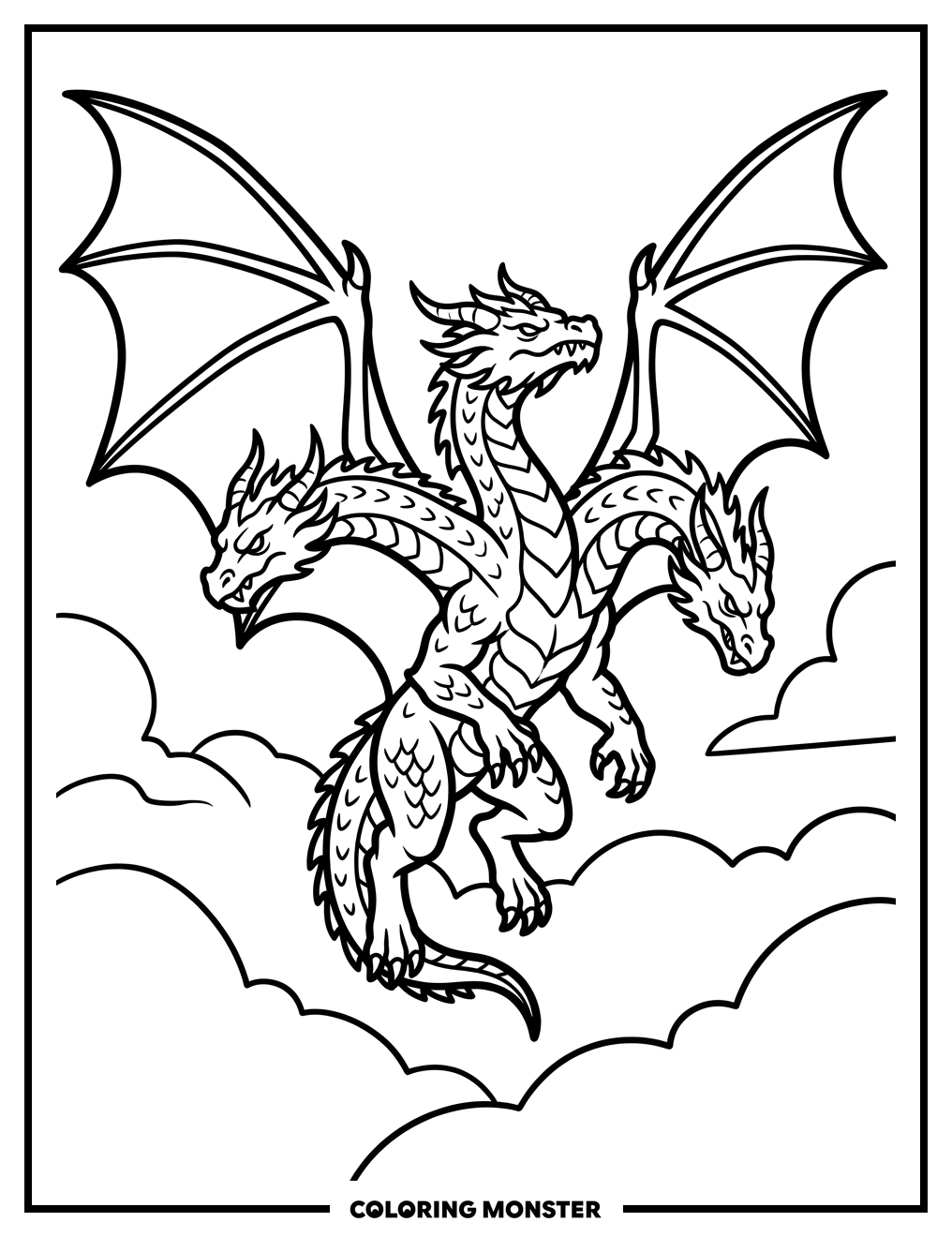Three-Headed Dragon Flying Coloring Page