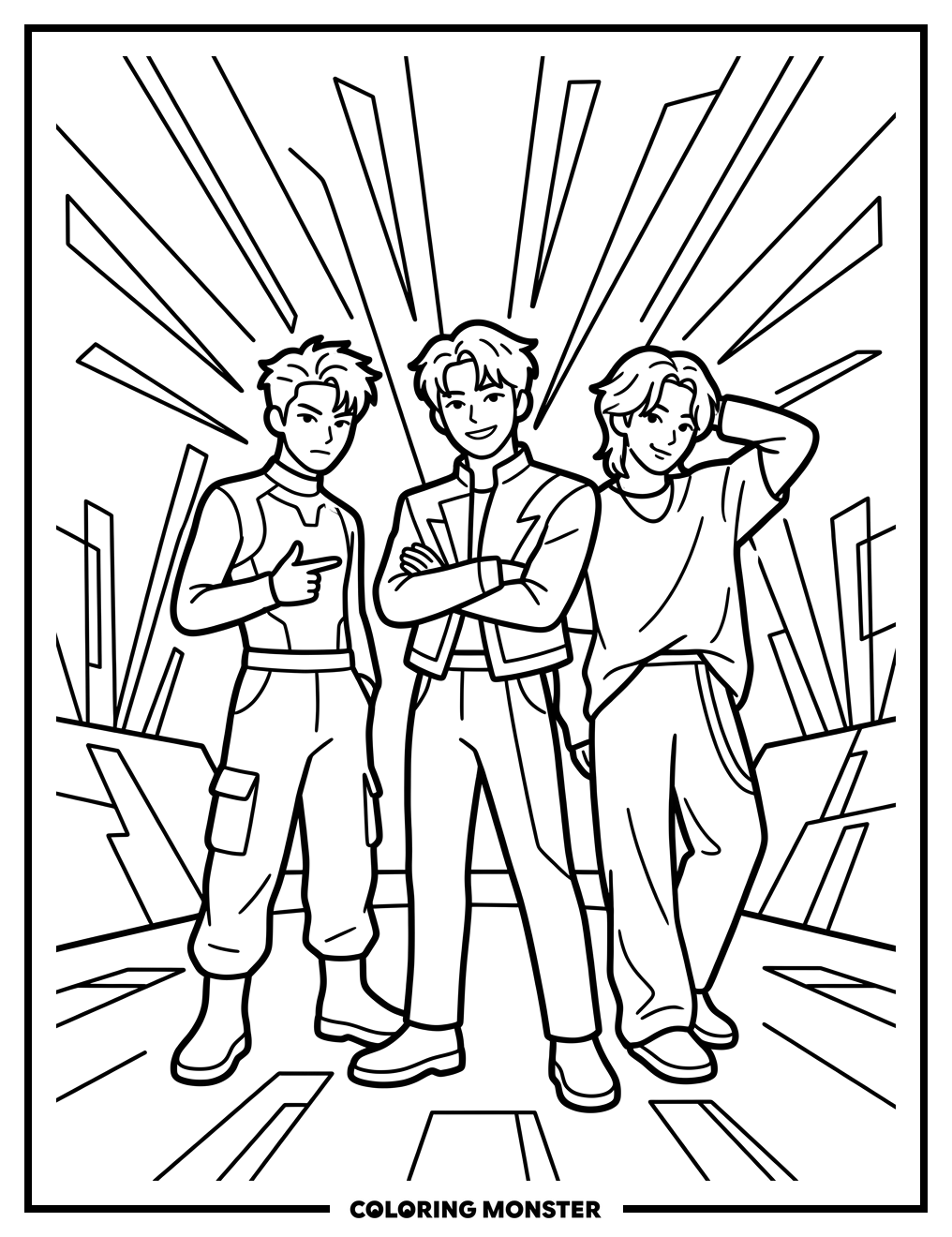 Three K-Pop Idols On Stage Coloring Page