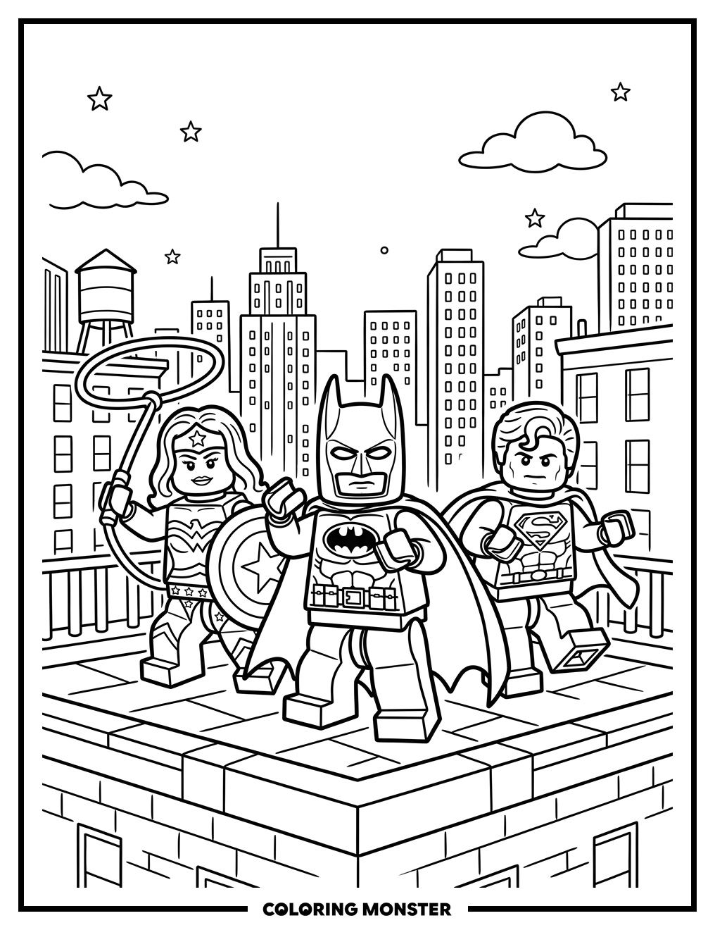 Three Lego Superheroes on Rooftop Coloring Page
