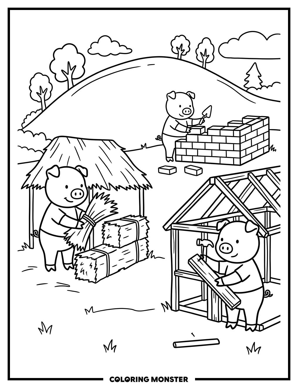 Three Little Pigs Building Homes Coloring Page