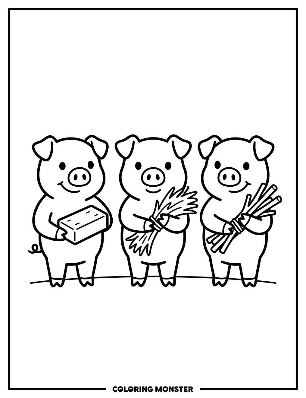 Three Little Pigs with Building Materials Coloring Page
