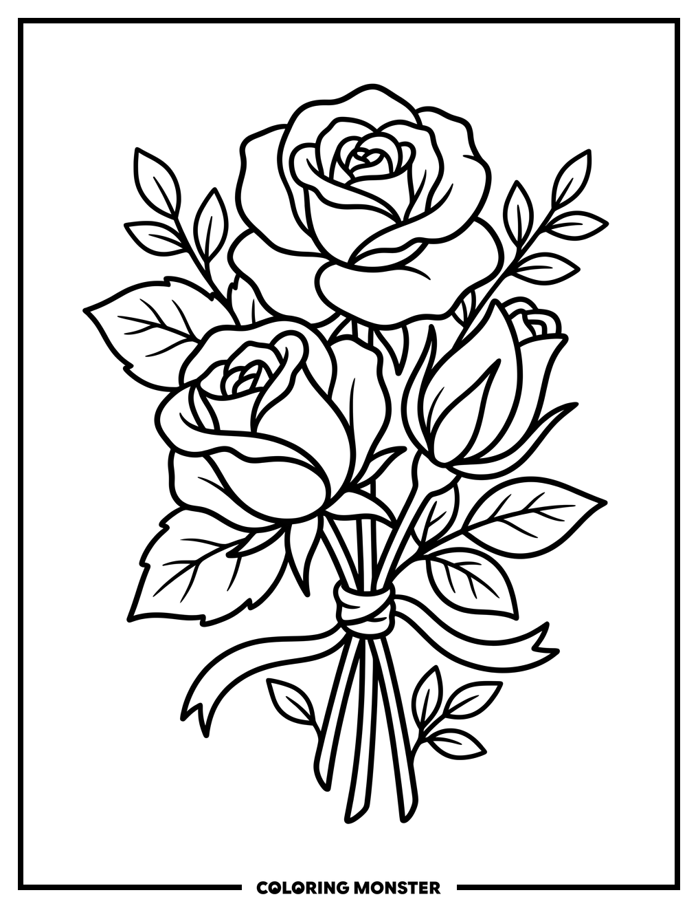 Three Roses Tied With Ribbon Coloring Page