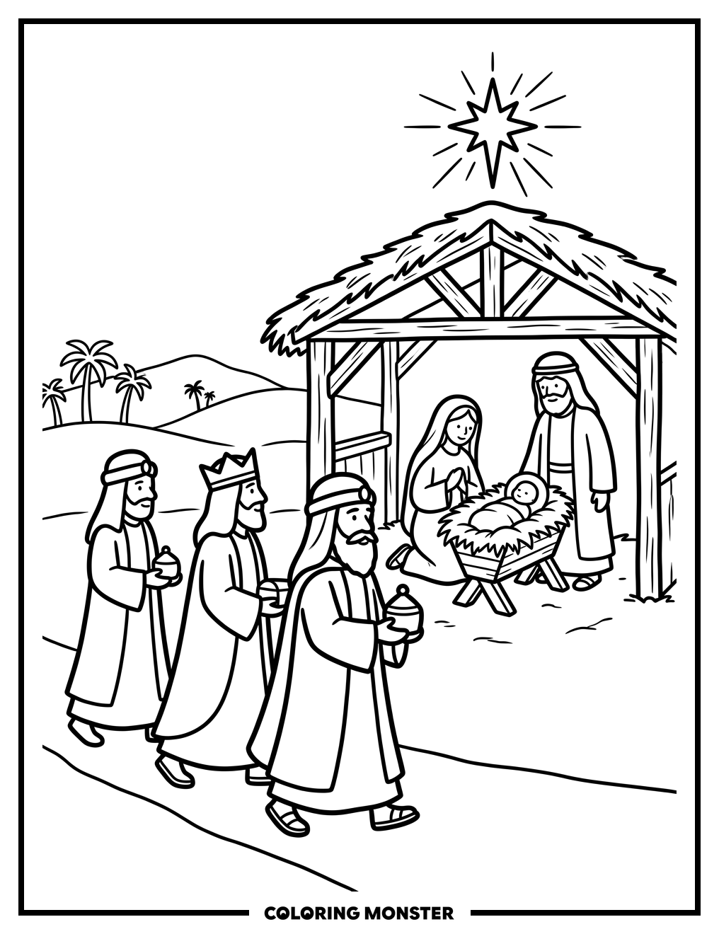 Three Wise Men at the Manger Coloring Page