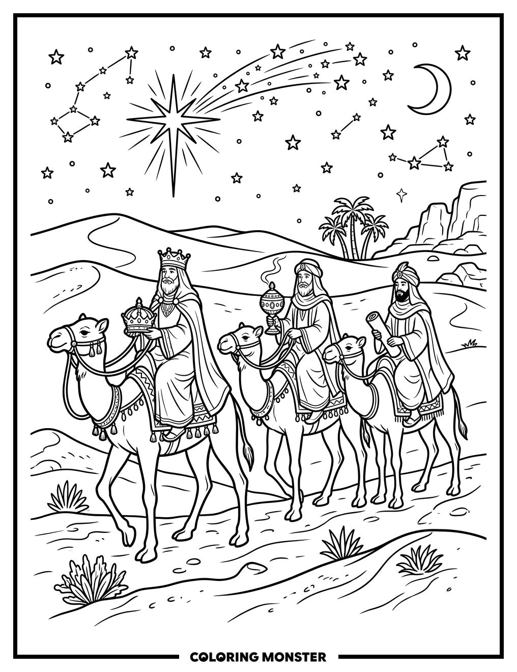 Three Wise Men Bearing Gifts Coloring Page