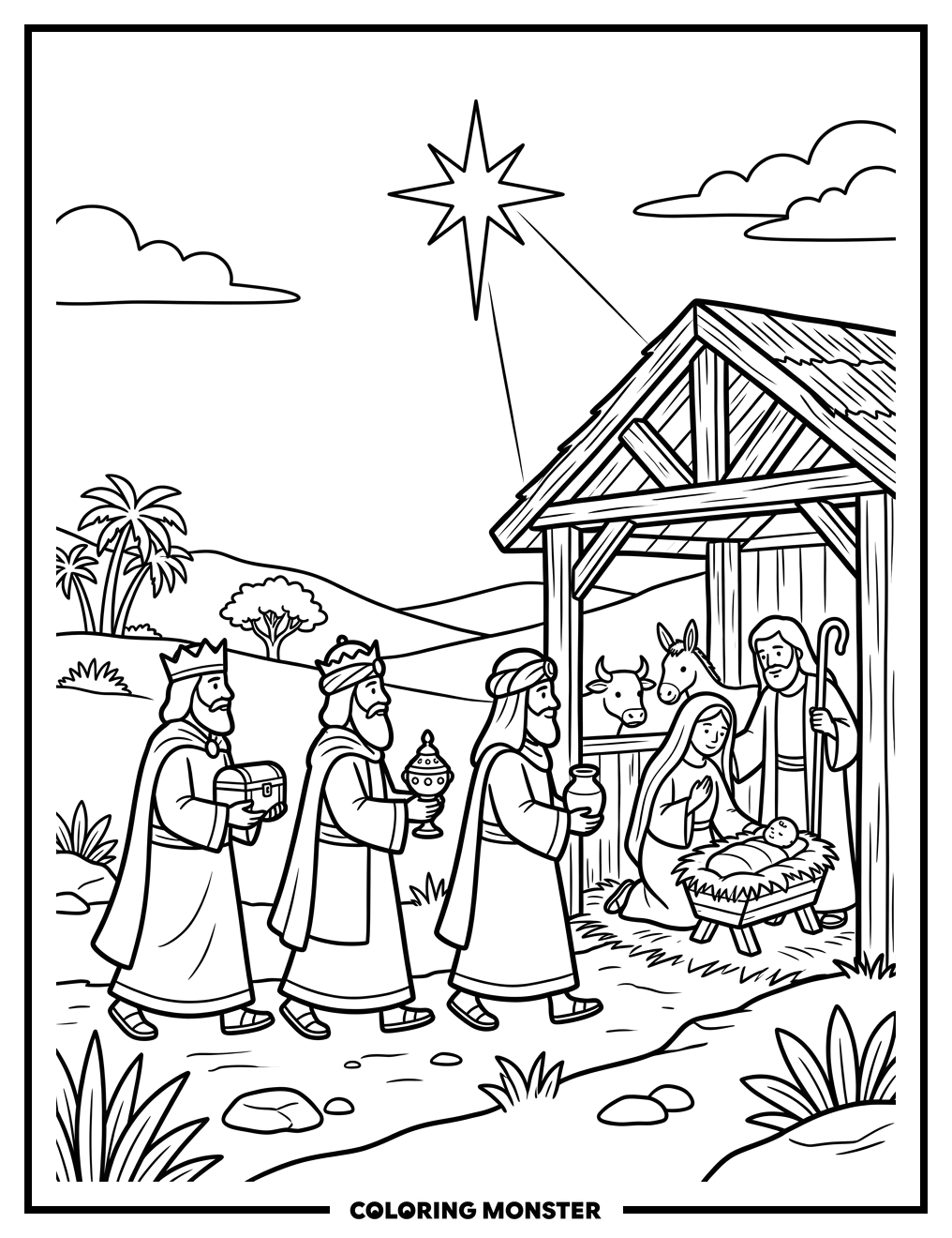 Three Wise Men Visiting Jesus Coloring Page