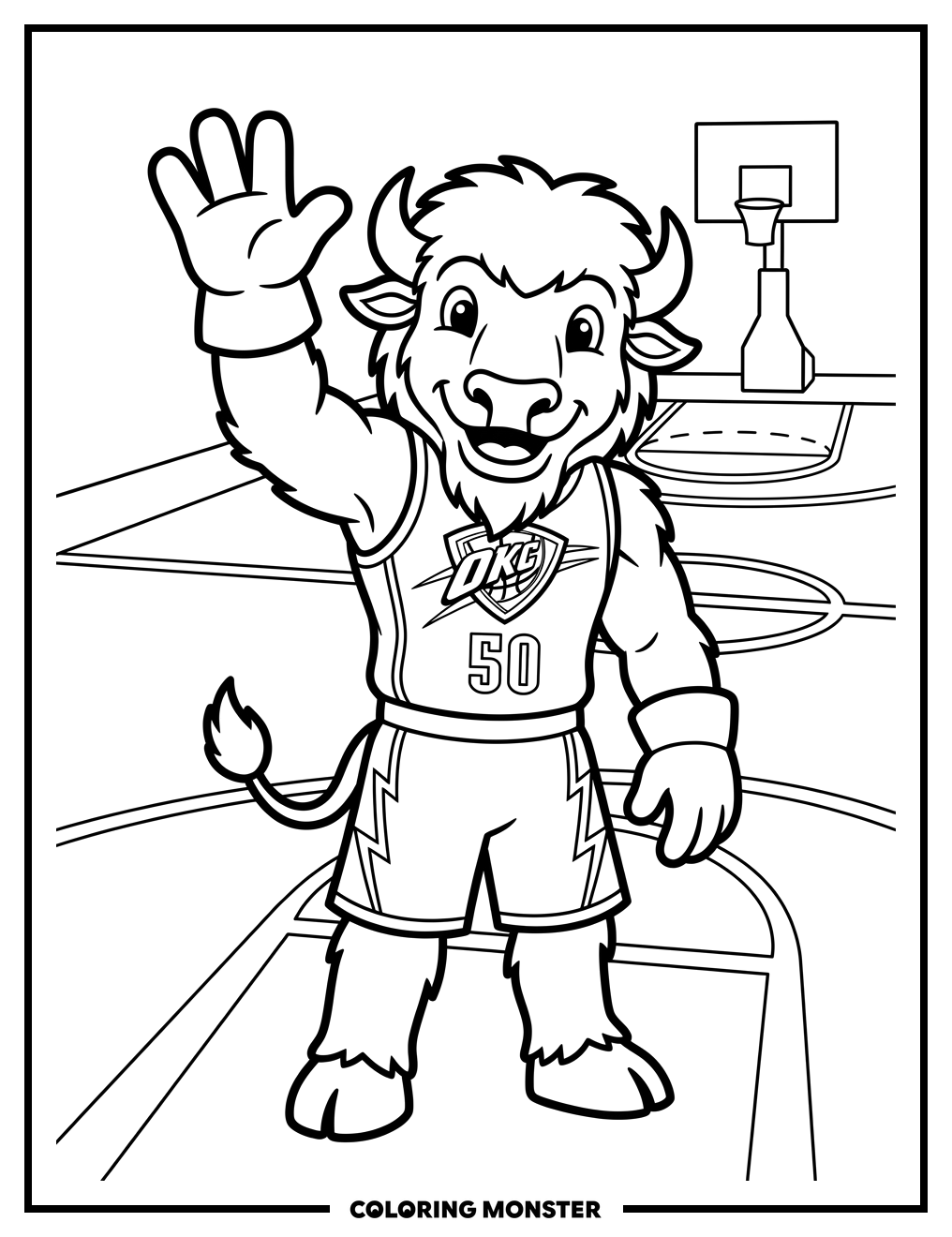 Thunder Mascot Waving on Court Coloring Page