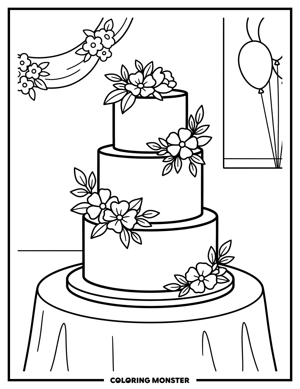 Tiered Wedding Cake With Flowers Coloring Page