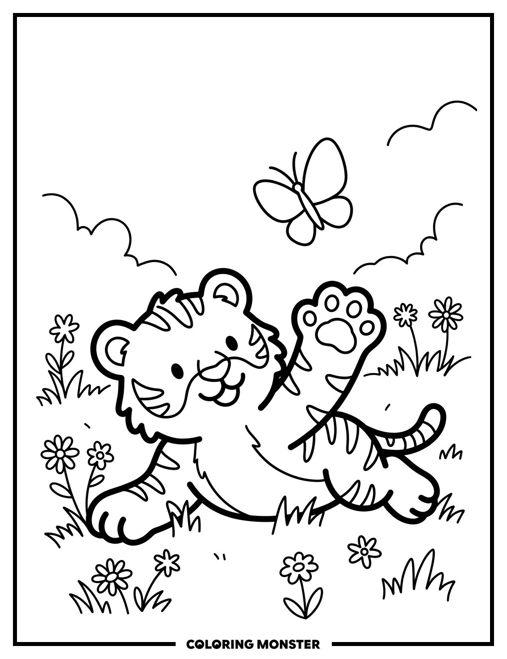 Tiger Cub and Butterfly Coloring Page