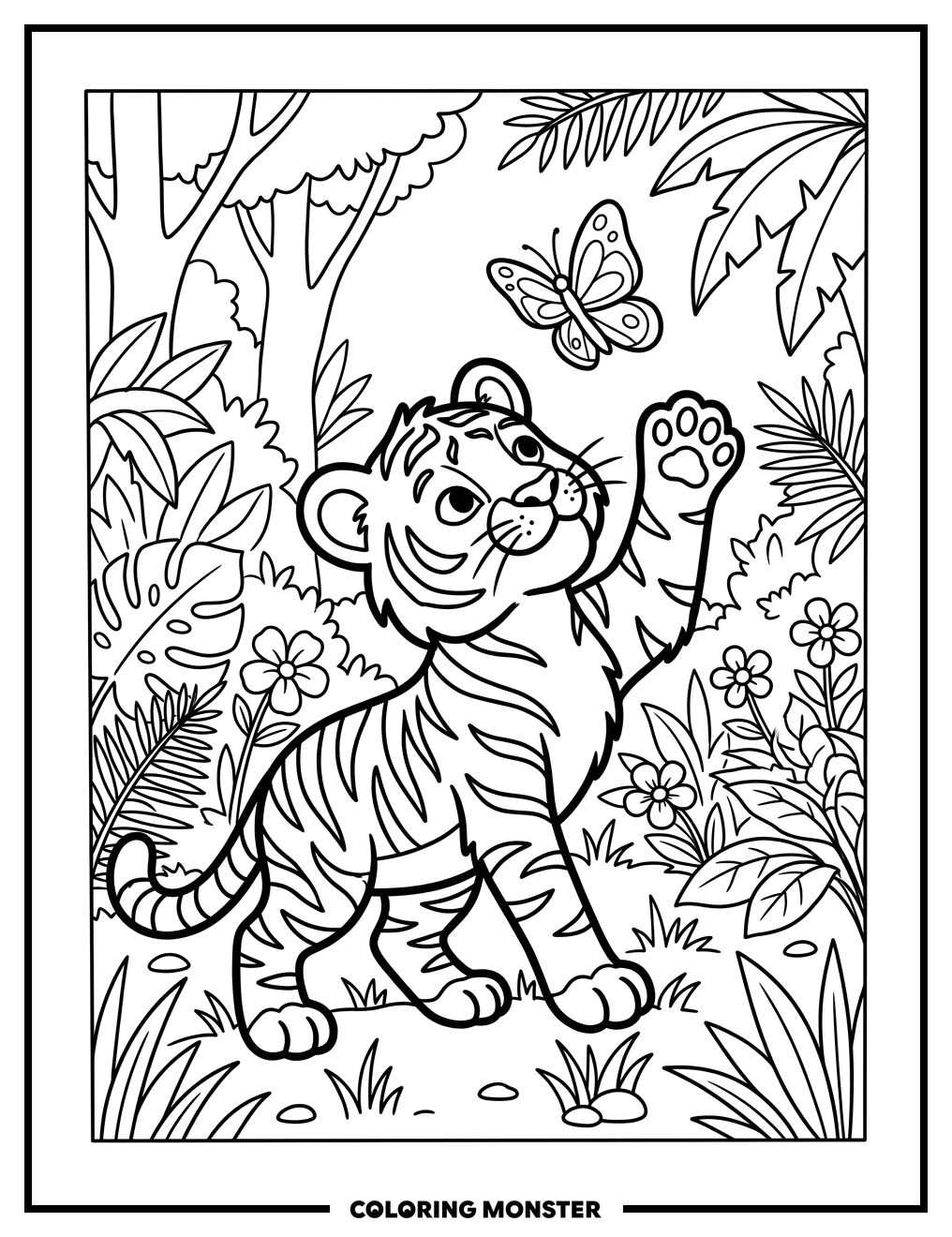 Tiger Cub Chasing Butterfly Coloring Page